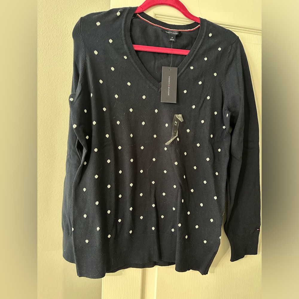 NWT Tommy Hilfiger navy v neck sweater silver polka dots